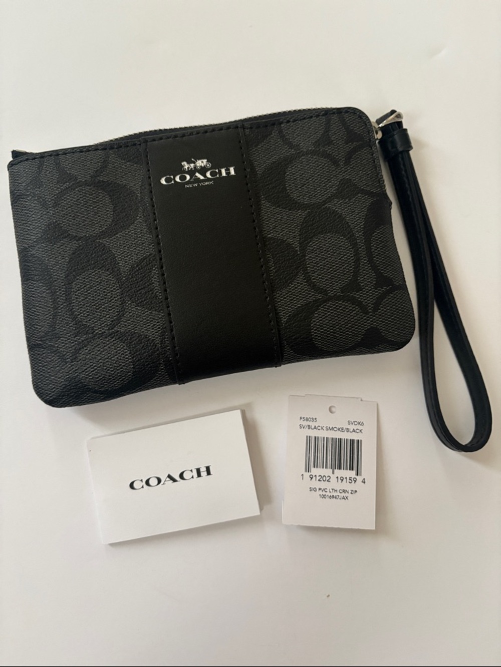 Coach Black Signature Wristlet with Leather Center Stripe - brand new w/ tags